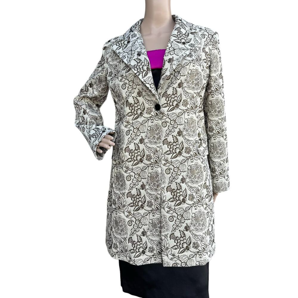 KAOS Italy Cream Brown Metallic Floral Brocade Mid Coat IT 48 US XL / 12 NWOT - Picture 1 of 9
